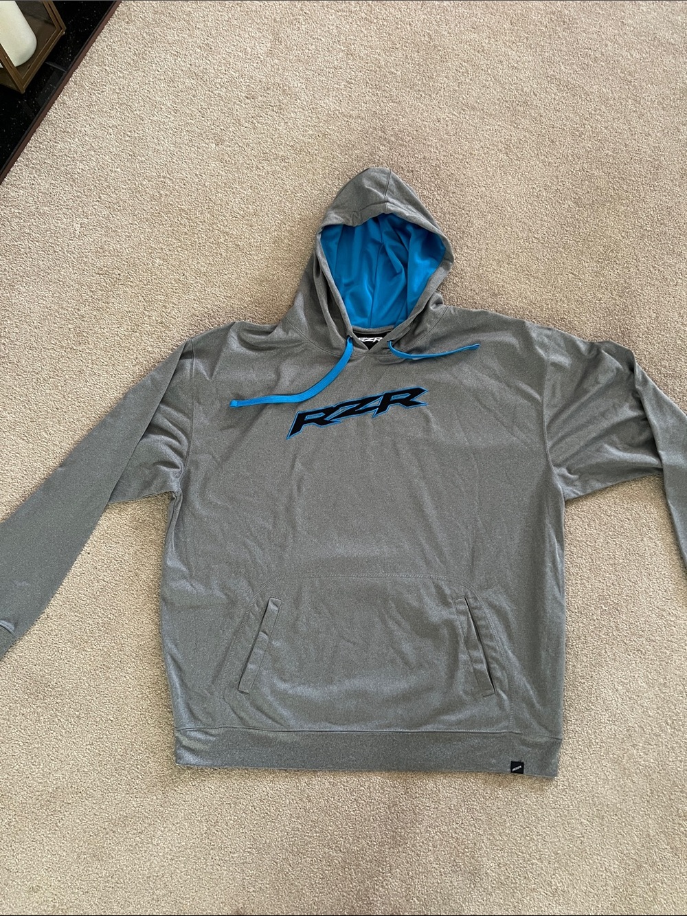Hooded Pullover Sweatshirt in Gray with Blue Accents
